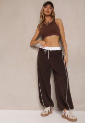 Brązowe Dresowe Spodnie z Wiskozą High Waist Ozdobione Lampasami Maiviona. Brązowe spodnie dresowe damskie Renee, bez wzorów, z dresówki. Za 109.99 zł.