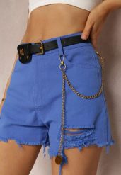 Niebieskie Bawełniane Szorty High Waist z Paskiem z Odpinanym Łańcuszkiem Priseis. Niebieskie szorty damskie Renee, bez wzorów, z bawełny, z podwyższonym stanem. Za 39.99 zł.