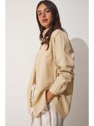 Happiness Istanbul Bluzka "Happiness Istanbul" w kolorze beżowym rozmiar: 38. Brązowe bluzki damskie Happiness Istanbul, bez wzorów, z bawełny, bez kołnierzyka, bez ramiączek. Za 52.05 zł.