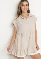 Beżowa Koszula Ozdobiona Falbanką Novelissa. Brązowe koszule damskie Born2be, bez wzorów, z jeansu, eleganckie, bez kołnierzyka, bez ramiączek. Za 84.99 zł.