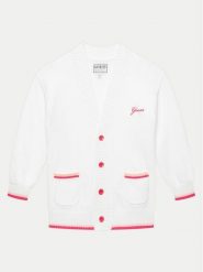 Guess Kardigan J4YR04 Z3GS0 Biały Relaxed Fit. Białe swetry dziewczęce Guess, z aplikacjami, z wiskozy, bez kołnierzyka, bez ramiączek. Za 159.99 zł.