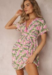Różowa Rozkloszowana Sukienka Mini z Krótkimi Rękawami z Wiskozy Greenley. Czerwone sukienki damskie Renee, bez wzorów, z wiskozy, bez ramiączek. W wyprzedaży za 55.99 zł.