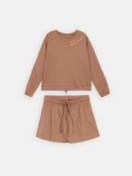 Bawełniana piżama dwuczęściowa z napisem - brązowy. Brązowe piżamy damskie Sinsay, bez wzorów, z bawełny, bez ramiączek. Za 49.99 zł.