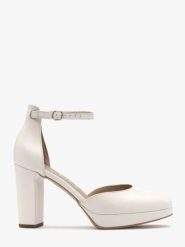 Dwuczęściowe czółenka na wysokim słupku oraz balu. Białe czółenka damskie Ryłko, bez wzorów, z gumy, bez obcasa, na słupku. W wyprzedaży za 199.99 zł.