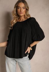 Czarna Bluzka z Wiskozą o Fasonie Oversize z Gumkami w Ramionach Alirona. Czarne bluzki damskie Renee, bez wzorów, z wiskozy, eleganckie, bez kołnierzyka, bez ramiączek. Za 49.99 zł.