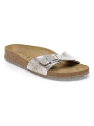 Birkenstock Klapki "Madrid" w kolorze srebrnym rozmiar: 39. Szare klapki damskie Birkenstock, bez wzorów, ze skóry, z otwartym noskiem, bez obcasa, bez zapięcia. Za 323.95 zł.