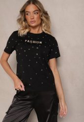 Czarny Bawełniany T-shirt Ozdobiony Napisem i Cyrkoniami Nalavenna. Czarne t-shirty damskie Renee, m, z aplikacjami, z bawełny, bez kołnierzyka. Za 39.99 zł.
