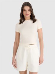 4F T-shirt slim z waflowej dzianiny damski - biały S. Białe t-shirty damskie 4F, s, bez wzorów, z dzianiny, bez kołnierzyka. W wyprzedaży za 29.99 zł.