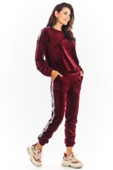 Welurowe Spodnie z Logowanym Lampasem - Bordowe. Czerwone spodnie dresowe damskie Awama, l, bez wzorów, z dresówki. Za 219.90 zł.