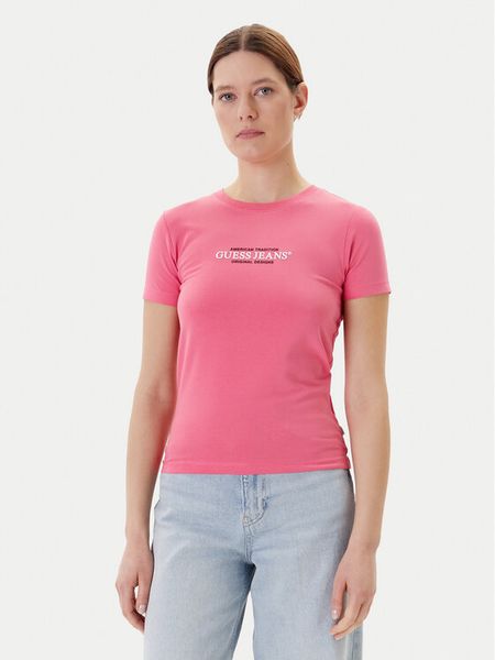 Guess Jeans T-Shirt W4YI03 J1314 Różowy Slim Fit. Czerwone t-shirty damskie Guess Jeans, xxl, z aplikacjami, z bawełny, bez kołnierzyka. Za 89.99 zł.