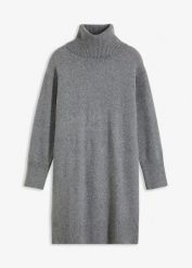 Sukienka dzianinowa z golfem. Szare sukienki damskie bonprix, bez wzorów, z dzianiny, bez ramiączek. Za 179.99 zł.
