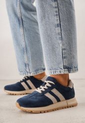 Granatowo-Beżowe Sneakersy ze Skóry Naturalnej z Paskami Kiarre. Niebieskie obuwie sportowe damskie Renee, z jeansu, bez zapięcia. Za 189.99 zł.