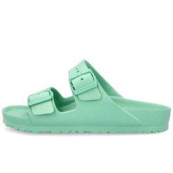 Klapki Birkenstock Arizona Eva Bold Jade Damskie. Zielone klapki damskie Birkenstock, bez wzorów, bez obcasa, bez zapięcia. Za 188.10 zł.