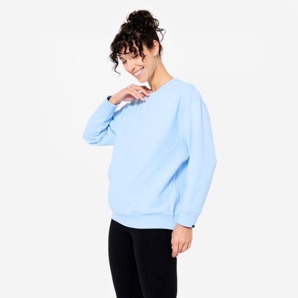 Bluza do jogi damska Kimjaly ciążowa. Niebieskie bluzy damskie DOMYOS, l, bez wzorów, z bawełny, bez kaptura. Za 79.99 zł.