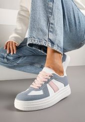 Niebiesko-Białe Sznurowane Sneakersy na Grubej Podeszwie z Geometrycznym Motywem Melmi. Niebieskie obuwie sportowe damskie Born2be, z jeansu, bez zapięcia. Za 89.99 zł.