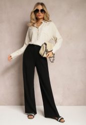 Czarne Szerokie Spodnie High Waist z Lnu i Wiskozy Apoises. Czarne spodnie materiałowe damskie Renee, bez wzorów, z jeansu, długie. Za 79.99 zł.