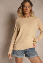 Ciemnobeżowy Sweter o Klasycznym Kroju z Ozdobnymi Guziczkami po Bokach Melornia. Brązowe swetry klasyczne damskie Renee, l, bez kołnierzyka. Za 79.99 zł.