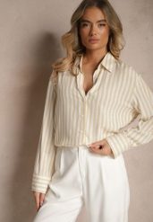 Jasnobeżowa Koszula z Bawełny w Pionowe Prążki z Cyrkoniami Jarilea. Brązowe koszule damskie Renee, l, bez wzorów, z bawełny, biznesowe, bez kołnierzyka, bez ramiączek. Za 89.99 zł.