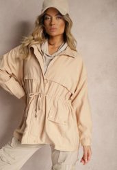 Ciemnobeżowa Kurtka Parka z Dodatkiem Bawełny Wykończona Troczkami Zapinana na Napy Velona. Brązowe kurtki damskie Renee, l, z bawełny, bez kaptura. Za 119.99 zł.