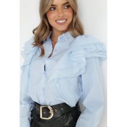 Niebieska Koszula Hamal. Niebieskie koszule damskie Born2be, m, bez wzorów, z tkaniny, biznesowe, bez kołnierzyka, bez ramiączek. Za 169.99 zł.