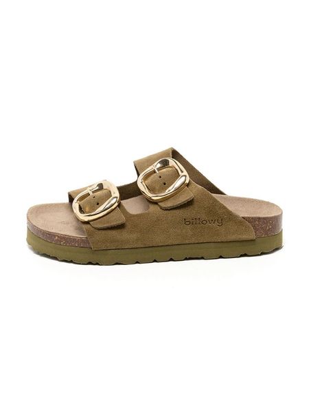 Billowy Skórzane klapki w kolorze khaki rozmiar: 40. Brązowe klapki damskie Billowy, bez wzorów, z otwartym noskiem, bez obcasa, bez zapięcia. Za 149.95 zł.