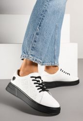 Biało-Czarne Sneakersy ze Skórzaną Wkładką Sercem i Cyrkoniami Giraval. Białe obuwie sportowe damskie Born2be, z jeansu, bez zapięcia. Za 169.99 zł.