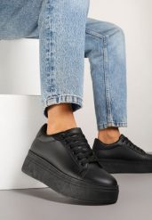 Czarne Klasyczne Sneakersy na Grubej Podeszwie Tosirra. Czarne obuwie sportowe damskie Born2be, z jeansu, bez zapięcia. Za 74.99 zł.