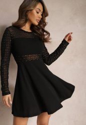 Czarna Rozkloszowana Sukienka Mini ze Wstawkami z Siateczki i Brokatu Liukas. Czarne sukienki damskie Renee, bez wzorów, eleganckie, bez ramiączek. W wyprzedaży za 55.99 zł.