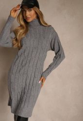 Szara Sukienka Sweterkowa z Golfem Wełną Bawełną i Ozdobnym Splotem Reilenea. Szare sukienki damskie Renee, bez wzorów, z bawełny, eleganckie, bez ramiączek. Za 79.99 zł.