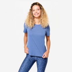 Koszulka fitness damska Domyos krótki rękaw. Niebieskie koszulki sportowe damskie DOMYOS, l, bez wzorów, z elastanu, bez ramiączek, na fitness i siłownię. Za 39.99 zł.