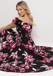 Czarna Sukienka w Kwiaty z Dekoltem Łódką z Bawełną o Rozkloszowanym Kroju Annilva. Czarne sukienki damskie Born2be, bez wzorów, z bawełny, eleganckie, bez ramiączek. Za 89.99 zł.