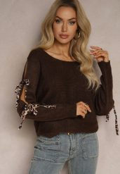 Brązowy Nietoperzowy Sweter z Moherem Ozdobiony Wiązaniami w Panterkowy Print Semitha. Brązowe swetry klasyczne damskie Renee, z jeansu, bez kołnierzyka. Za 59.99 zł.