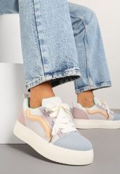 Niebiesko-Beżowe Sneakersy na Platformie z Geometrycznym Wzorem Kornelna. Niebieskie obuwie sportowe damskie Renee, z jeansu, bez zapięcia. Za 74.99 zł.