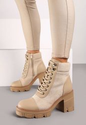 Beżowe Botki na Obcasie z Platformą Ozdobione Wstawkami Ezilda. Brązowe botki damskie Renee, z jeansu, eleganckie, bez obcasa, na obcasie, bez zapięcia. Za 159.99 zł.