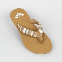 Japonki damskie Roxy Porto Raffia. Brązowe klapki damskie Roxy, bez wzorów, z bawełny, bez obcasa, bez zapięcia. W wyprzedaży za 89.99 zł.