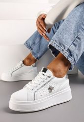 Białe Sneakersy na Platformie z Metaliczną Ozdobą w Kształcie Owada i Brokatem Lientia. Białe obuwie sportowe damskie Renee, na lato, bez zapięcia. Za 89.99 zł.