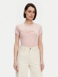 Guess T-Shirt W5GI47 KA0Q1 Różowy Slim Fit. Czerwone t-shirty damskie Guess, m, z aplikacjami, z bawełny, bez kołnierzyka. Za 109.99 zł.