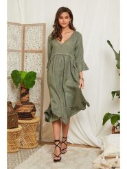 Lin Passion Lniana sukienka w kolorze khaki rozmiar: 34/36. Brązowe sukienki damskie Lin Passion, bez wzorów, ze lnu, klasyczne, bez ramiączek. Za 136.13 zł.