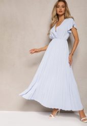 Jasnoniebieska Plisowana Sukienka Maxi o Rozkloszowanym Kroju z Kopertowym Dekoltem Ofilva. Niebieskie sukienki damskie Renee, bez wzorów, eleganckie, bez ramiączek. Za 69.99 zł.