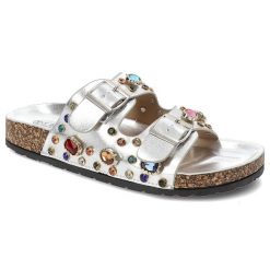Srebrne Klapki S.Barski Eleganckie Obuwie Damskie Z Kryształkami. Szare klapki damskie S.BARSKI, bez wzorów, bez obcasa, bez zapięcia. Za 119.00 zł.