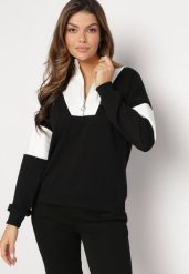 Czarna Bawełniana Bluza z Półgolfem i Krótkim Suwakiem Sorellia. Czarne bluzy damskie Born2be, bez wzorów, z bawełny, bez kaptura. Za 89.99 zł.
