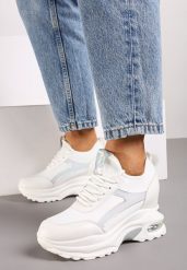 Biało-Srebrne Sneakersy na Koturnie Ozdobione Metalicznym Wykończeniem Vliraya. Białe obuwie sportowe damskie Renee, na lato, z jeansu, bez zapięcia. Za 129.99 zł.