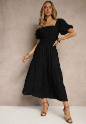 Czarna Sukienka Wiskozowa Drapowana z Rozkloszowanym Dołem Naprine. Czarne sukienki damskie Renee, bez wzorów, z wiskozy, eleganckie, bez ramiączek. W wyprzedaży za 111.99 zł.