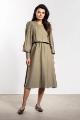 Elegancka sukienka rozkloszowana z bufiastym rękawem zielona. Zielone sukienki damskie Infinite You, bez wzorów, z materiału, biznesowe, bez ramiączek. Za 329.00 zł.