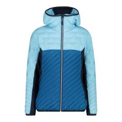 Hybrydowa kurtka damska z kapturem CMP Unlimitech. Niebieskie kurtki damskie CMP, bez wzorów, z puchu, z kapturem. W wyprzedaży za 599.50 zł.