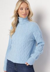 Jasnoniebieski Sweter z Golfem w Warkoczowy Splot ze Ściągaczami Maraiwai. Niebieskie golfy damskie Born2be, na jesień, ze splotem, bez kołnierzyka. Za 109.99 zł.