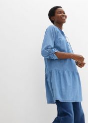 Tunika z denimu, z falbaną i długim rękawem, z bawełny organicznej. Niebieskie tuniki damskie bonprix, bez wzorów, z bawełny, bez kołnierzyka, bez ramiączek. Za 74.99 zł.