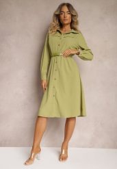 Jasnozielona Koszulowa Sukienka z Gumką w Pasie i Materiałowym Paskiem Giseria. Zielone sukienki damskie Renee, bez wzorów, z materiału, eleganckie, bez ramiączek. W wyprzedaży za 91.99 zł.