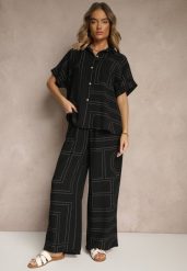Czarny Komplet z Wiskozą i Lnem Spodnie i Koszula z Geometrycznym Motywem Fevalette. Czarne koszule damskie Renee, na lato, l, bez wzorów, z wiskozy, eleganckie, bez kołnierzyka, bez ramiączek. Za 89.99 zł.