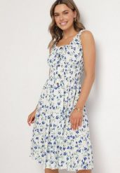 Biało-Niebieska Sukienka Rozkloszowana na Ramiączkach w Kwiaty Tallio. Białe sukienki damskie Born2be, bez wzorów, z jeansu, eleganckie, bez ramiączek. Za 69.99 zł.